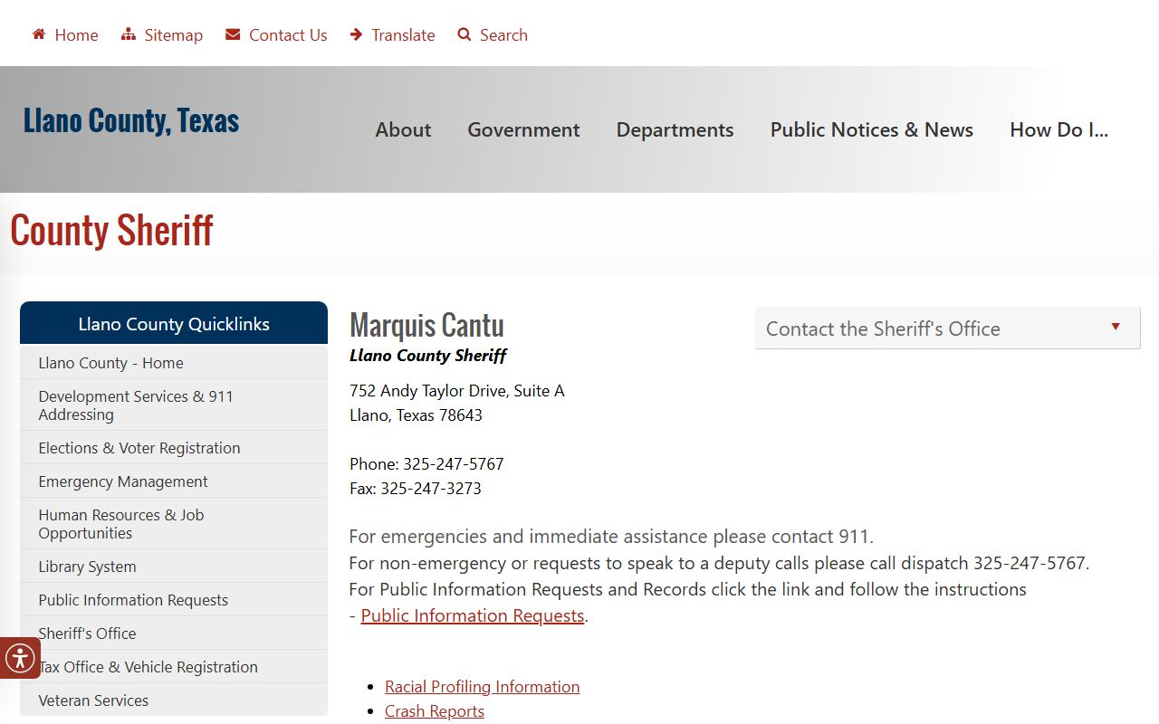Llano County Jail sheriff office custody contact page