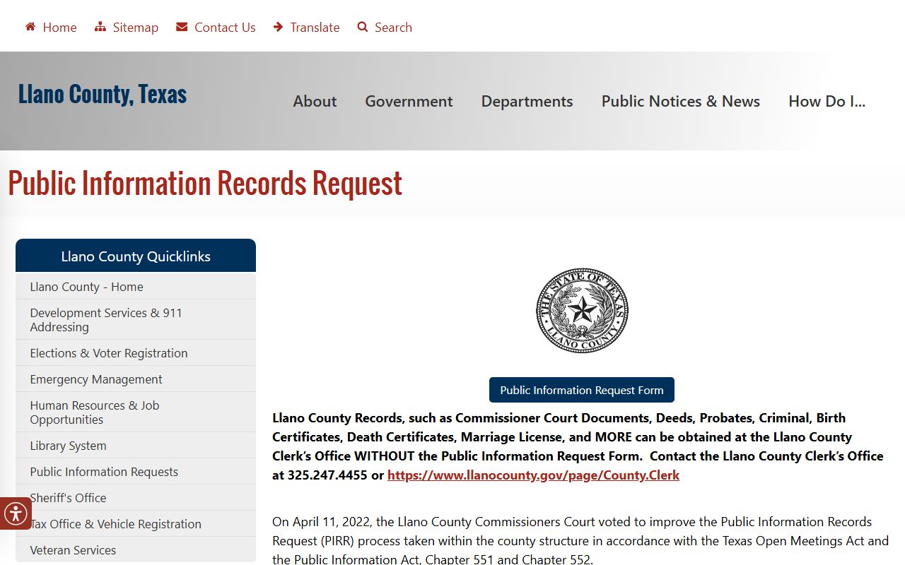 Llano County booking record public information request instructions